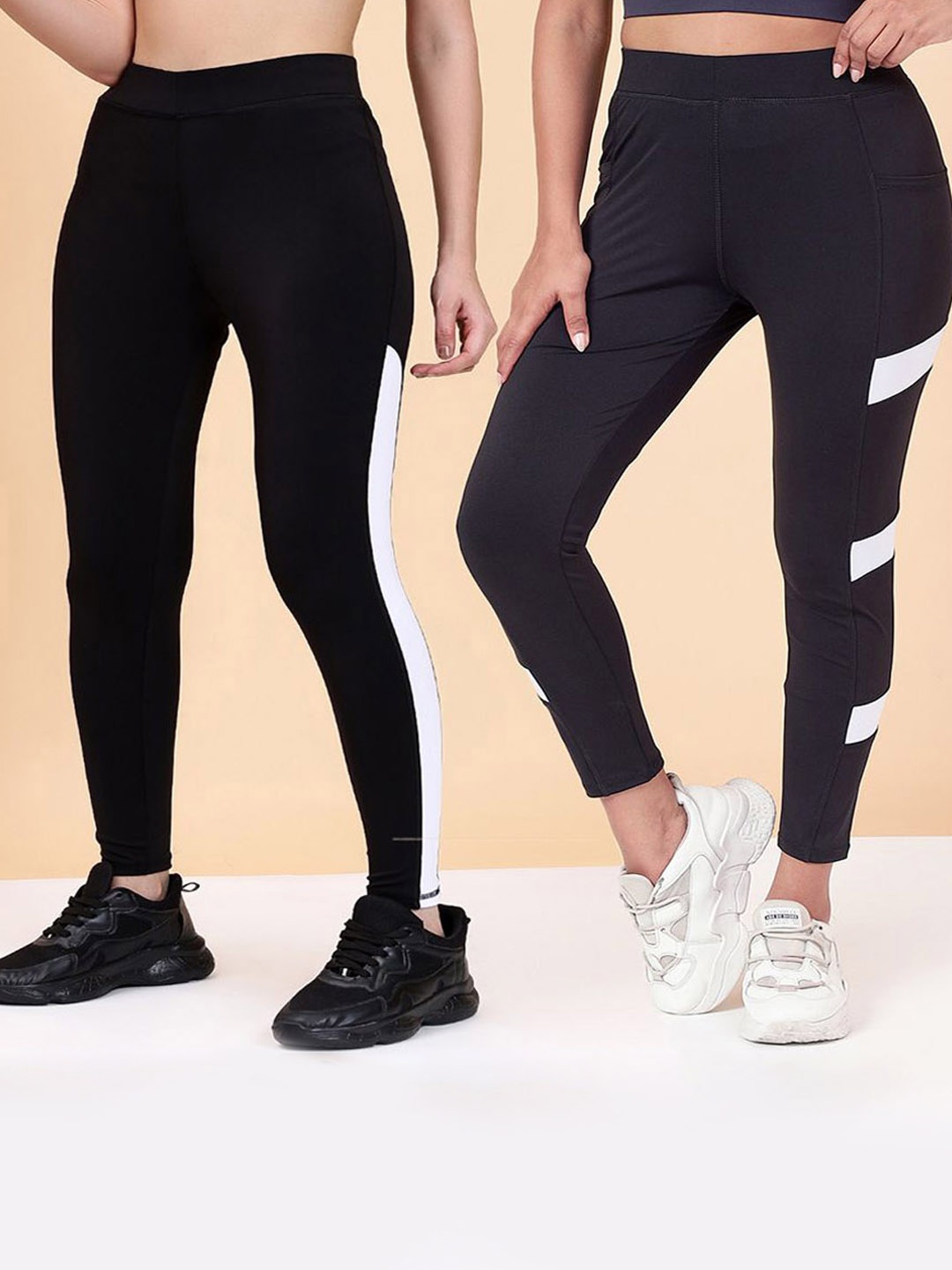 

KRONMENINEN Pack Of 2 Striped 4Way Stretchable Skinny-Fit Rapid-Dry Tights, Black