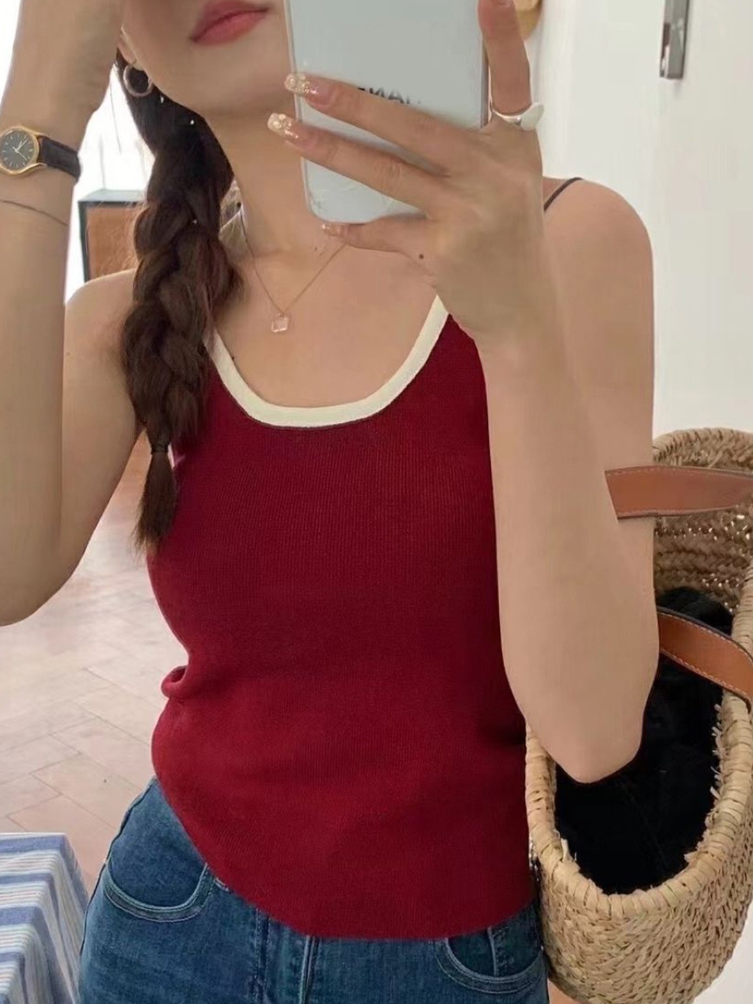 

KPOP Women Shoulder Straps Ribbed Top, Red