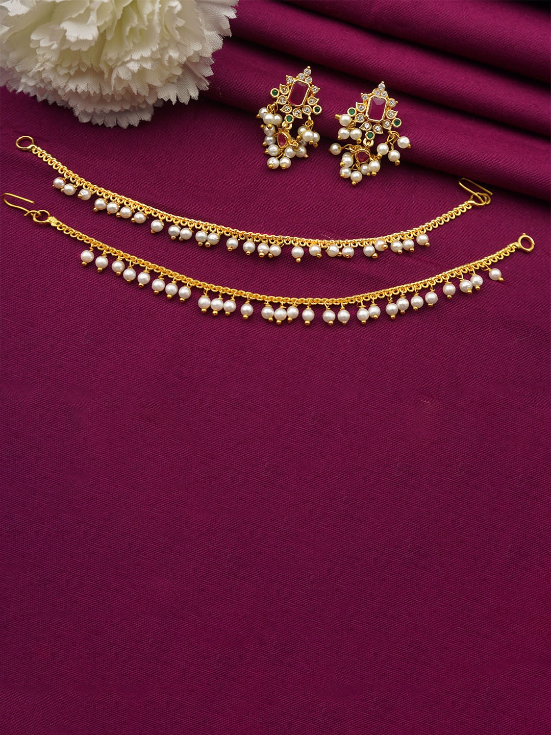 

PINAAKA DARINI 1Gram Gold-Plated Circular Stone Studded & Pearls Drop Earrings With Chains