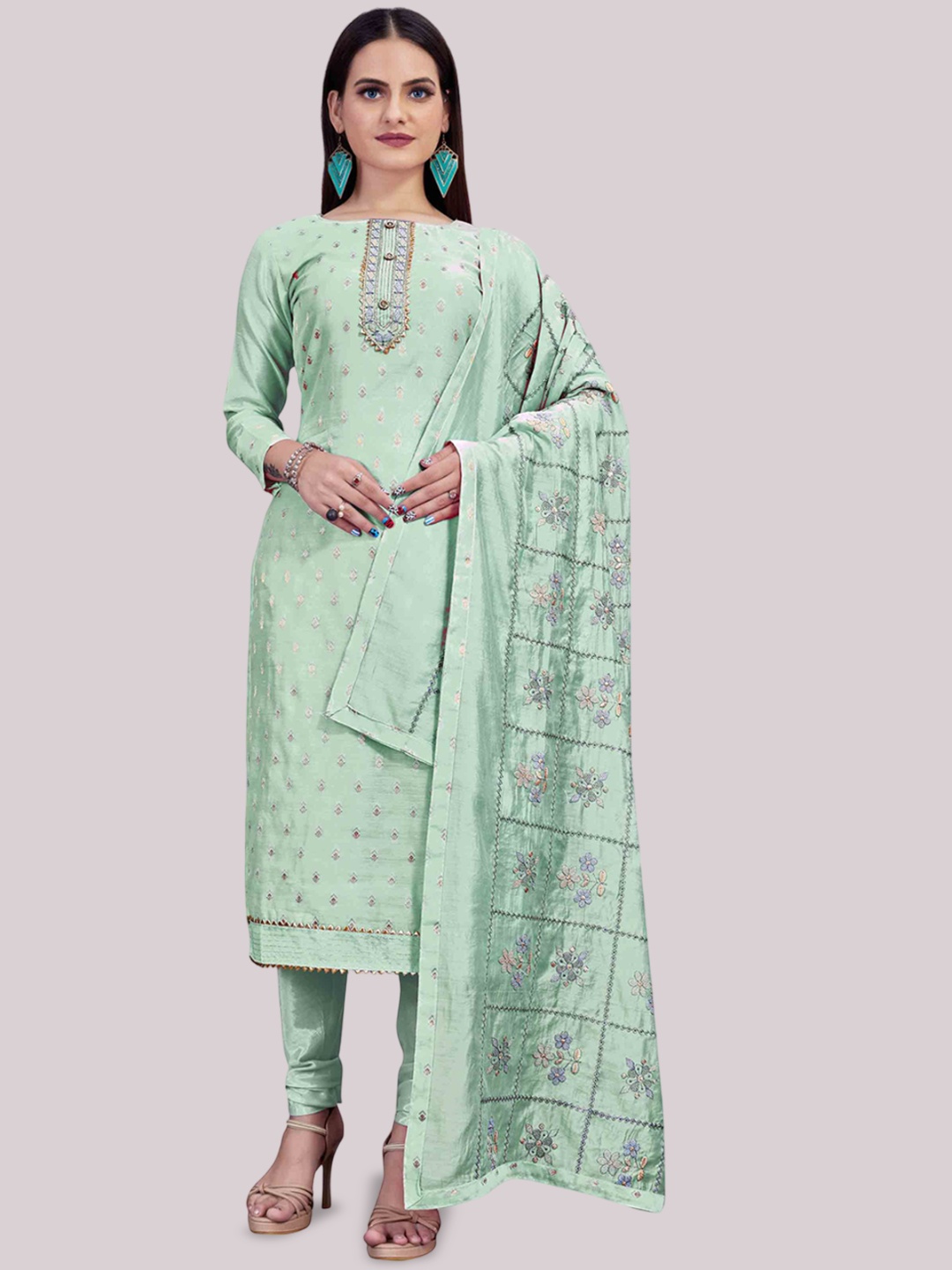 

Maroosh Ethnic Motifs Woven Design Thread Work Unstitched Dress Material, Sea green