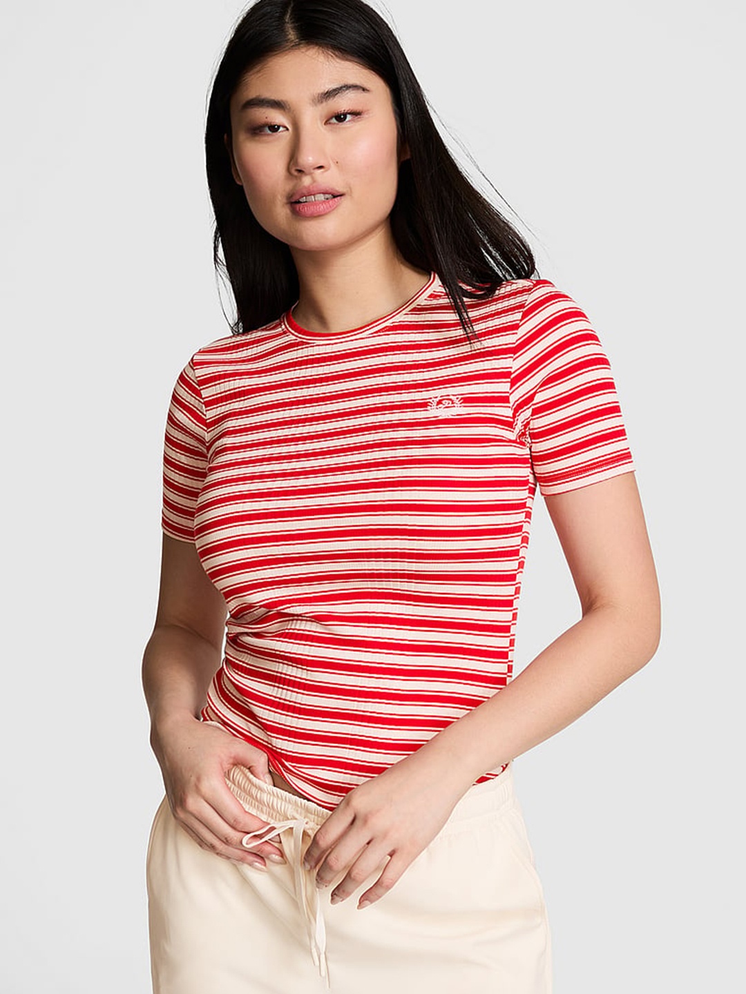 

Victoria's Secret Women Striped Round Neck Cotton T-shirt, Red