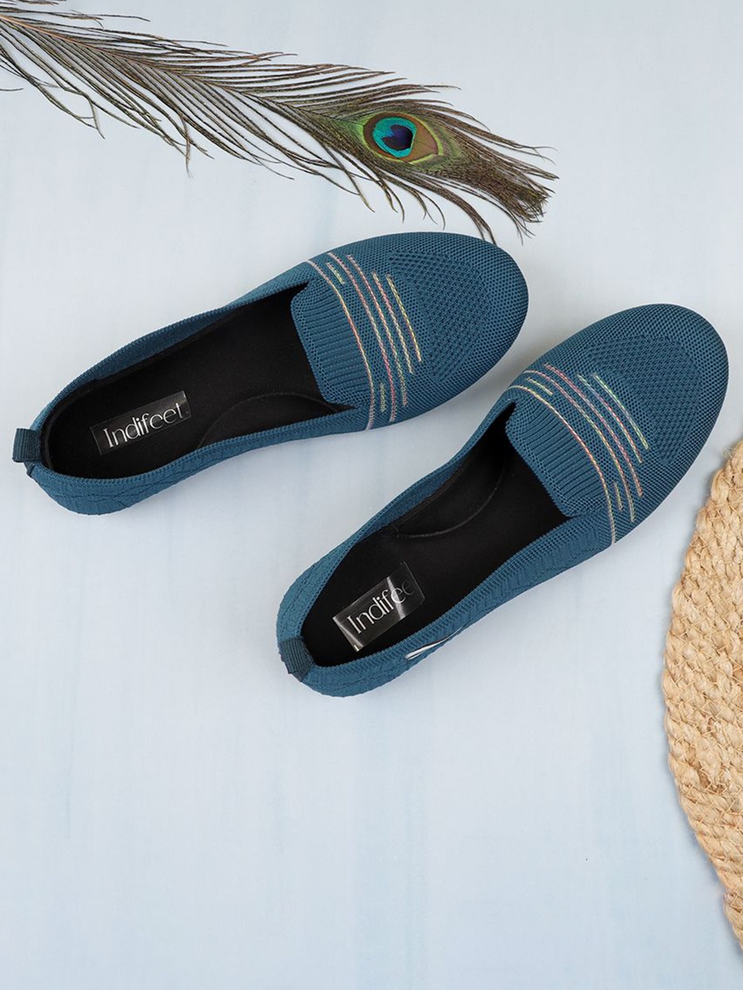

Indifeet Women Textured Casual Slip-On Loafer Ballerinas, Turquoise blue