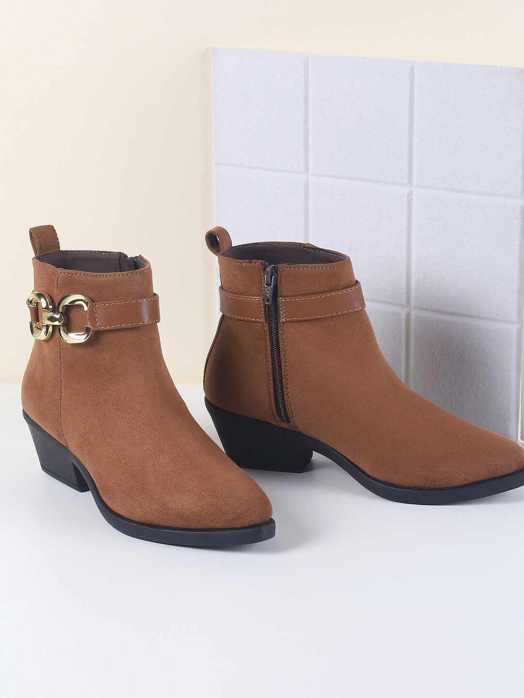 

Mochi Women Casual Block-Heeled Regular Boots, Tan