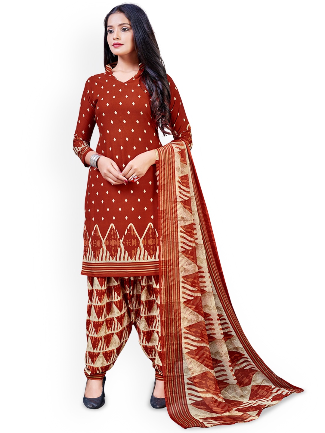 

Maroosh Geometric Printed Unstitched Dress Material, Maroon