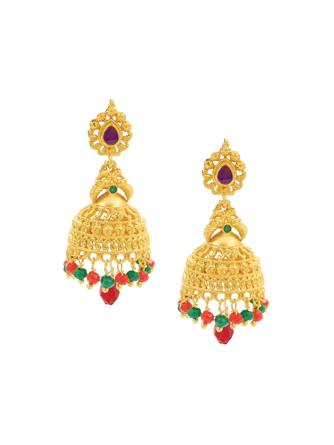 

PINAAKA DARINI 1Gram Gold-Plated Dome Shaped Stone Studded & Beaded Jhumkas