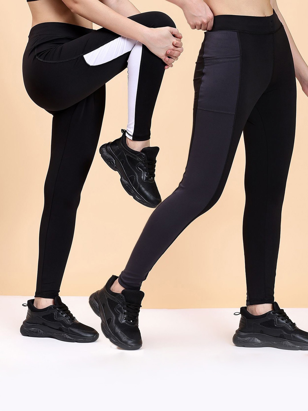 

KRONMENINEN Pack Of 2 Striped 4Way Stretchable Skinny Fit Rapid Dry Ankle Length Tights, Black