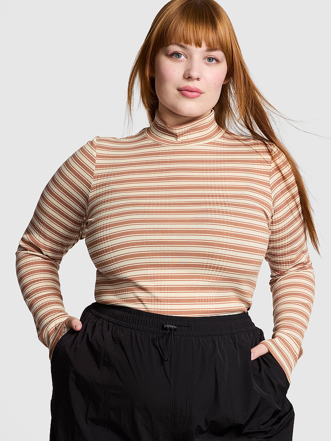 

Victoria's Secret Women Horizontal Striped High Neck Plus Size Cotton Top, Brown