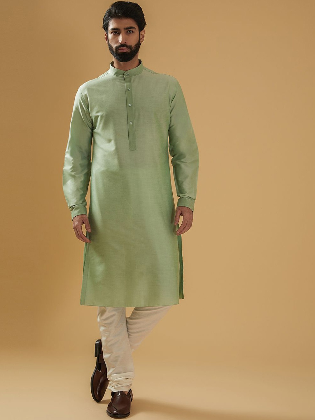 

RR Blue Band Collar Straight Raw Silk Kurta, Green