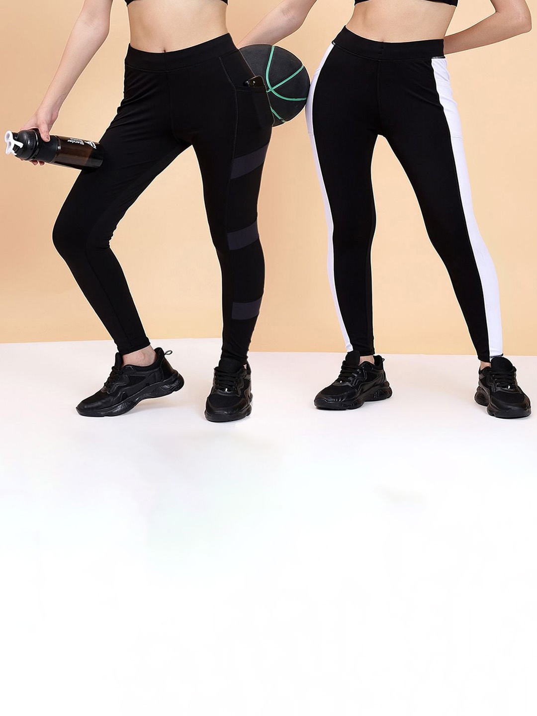 

KRONMENINEN Pack Of 2 Striped 4Way Stretchable Skinny Fit Rapid Dry Ankle Length Tights, Black