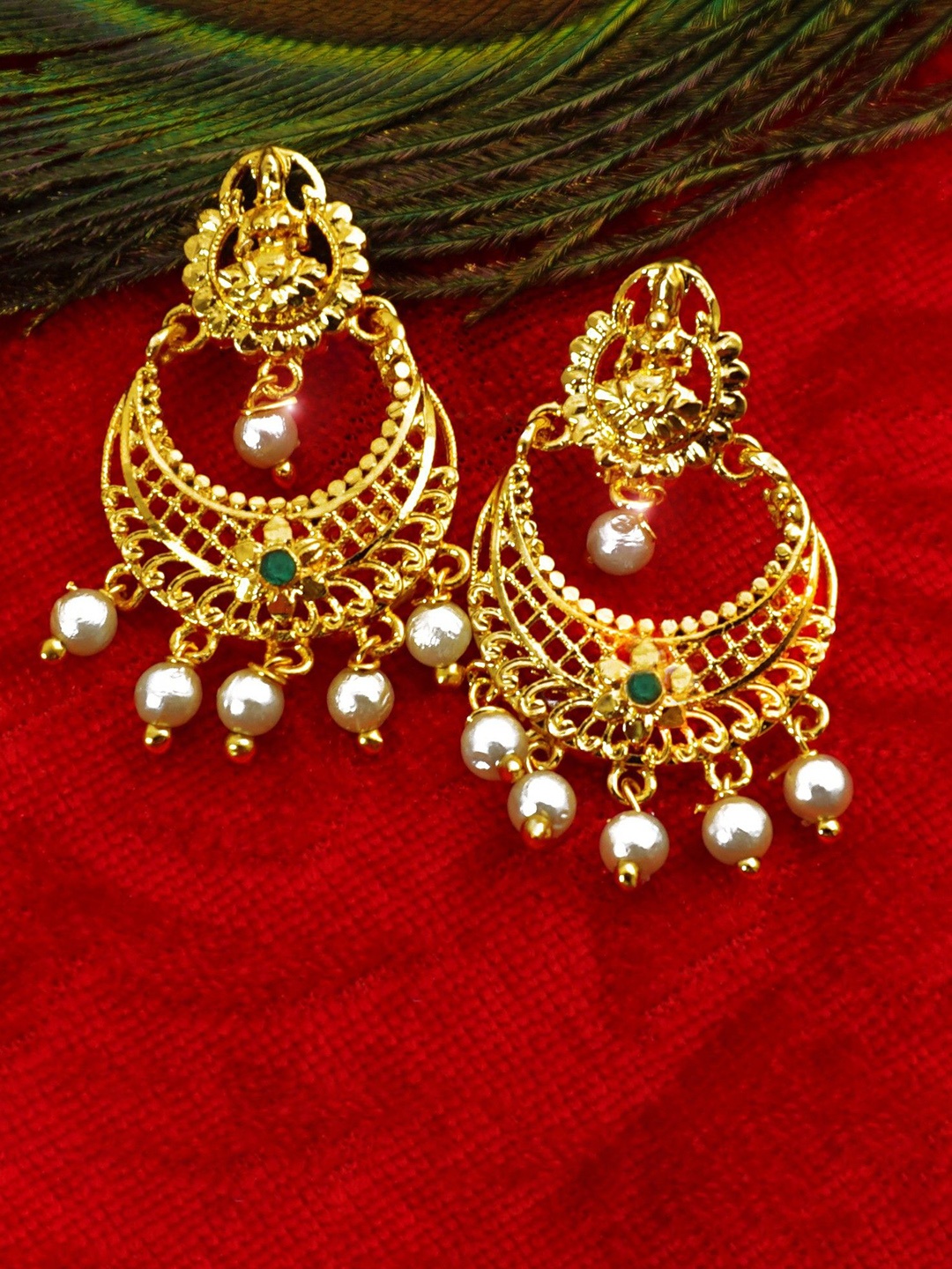 

PINAAKA DARINI Gold Plated Pearls Studded Circular Temple Drop Earrings