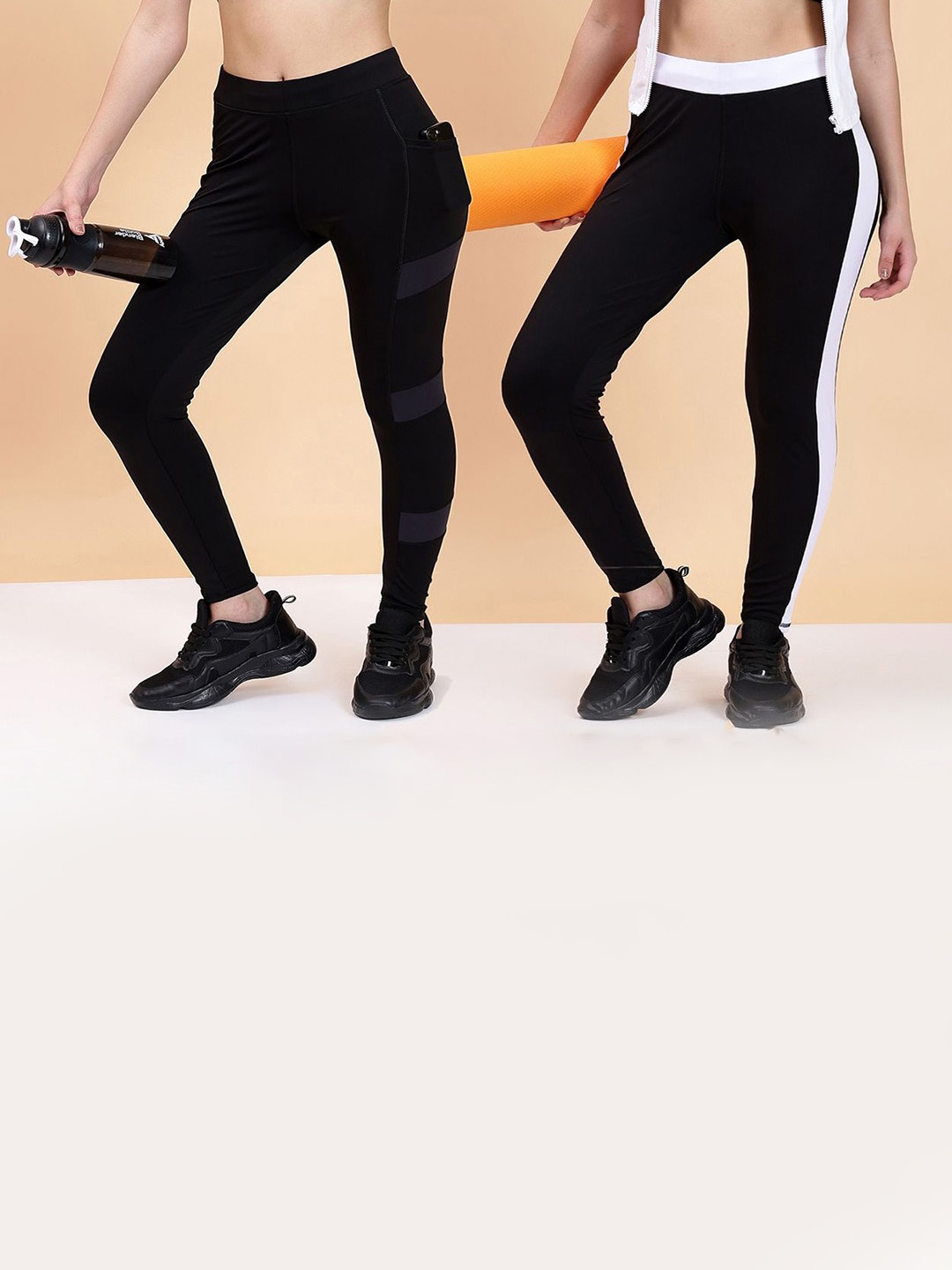 

KRONMENINEN Pack Of 2 Striped 4Way Stretchable Skinny Fit Rapid Dry Ankle Length Tights, Black