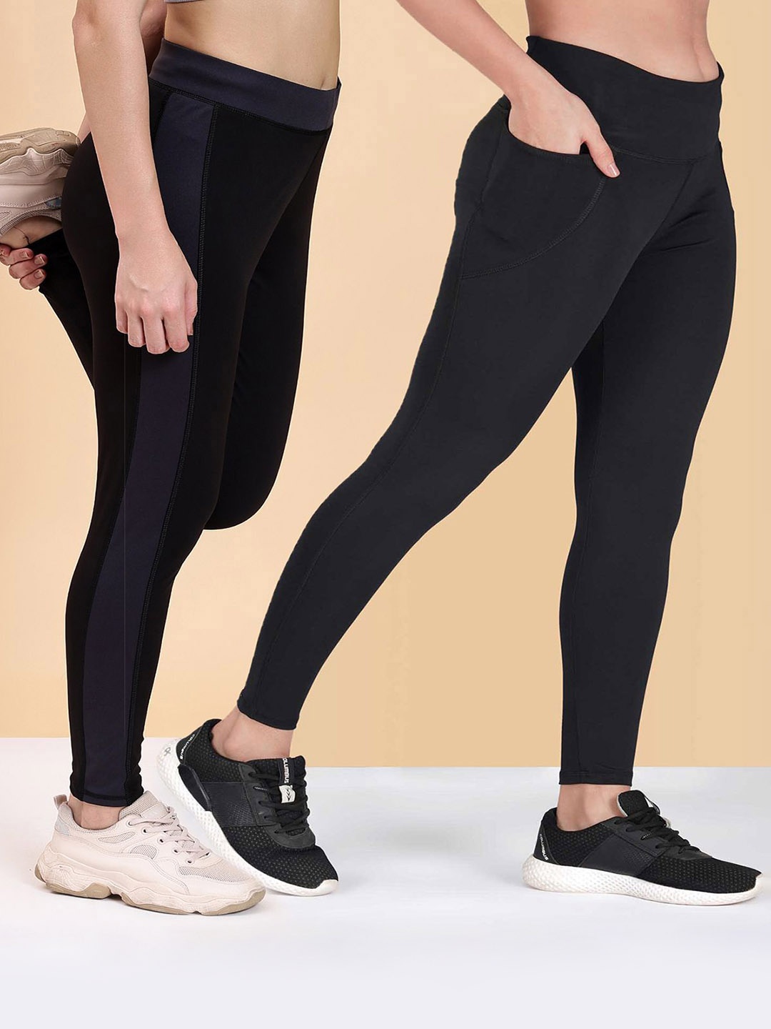 

KRONMENINEN Pack Of 2 Striped 4Way Stretchable Skinny Fit Rapid Dry Ankle Length Tights, Black