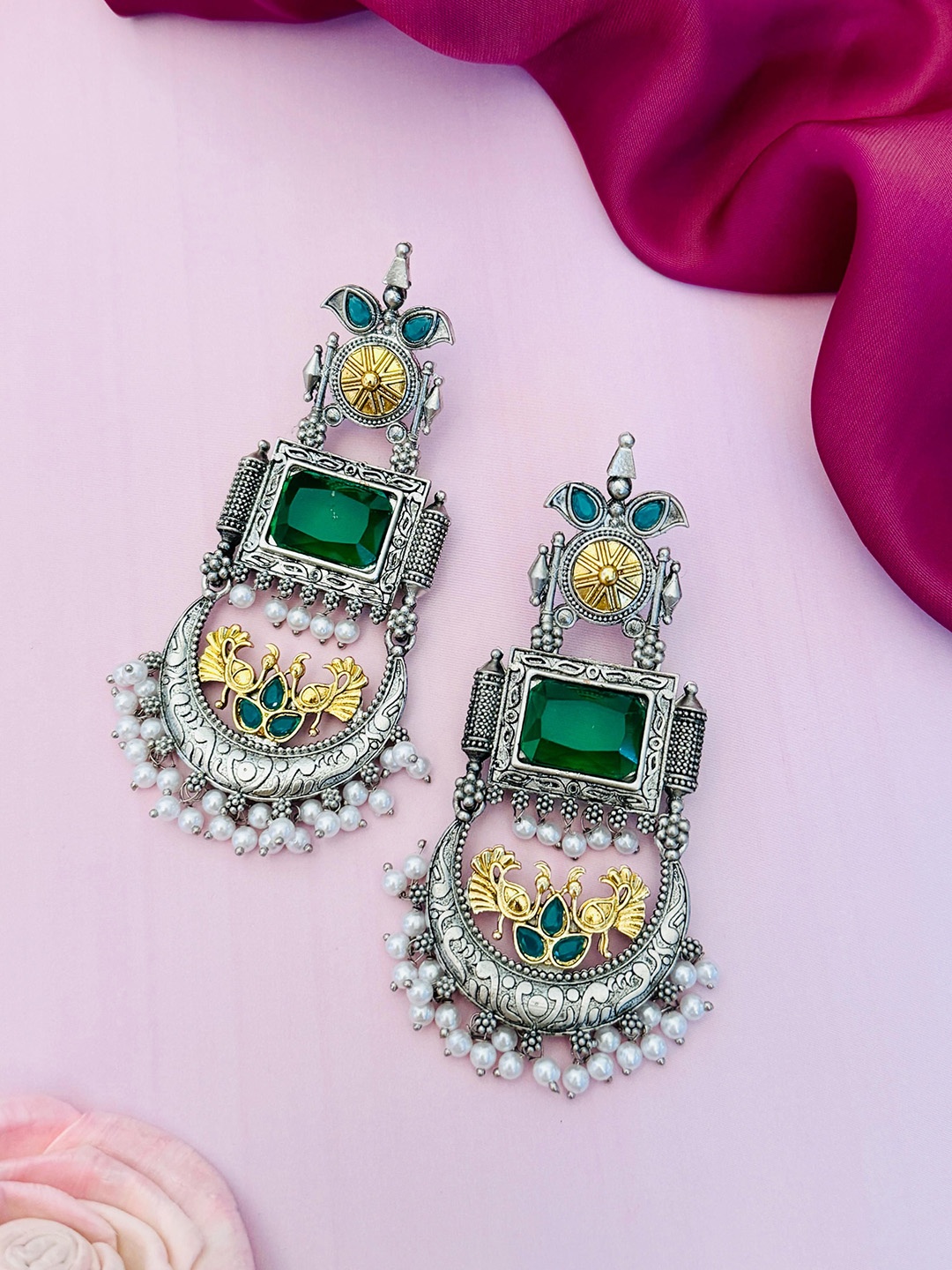 

Sangria German Silver-Plated Stones Studded & Beaded Drop Earrings