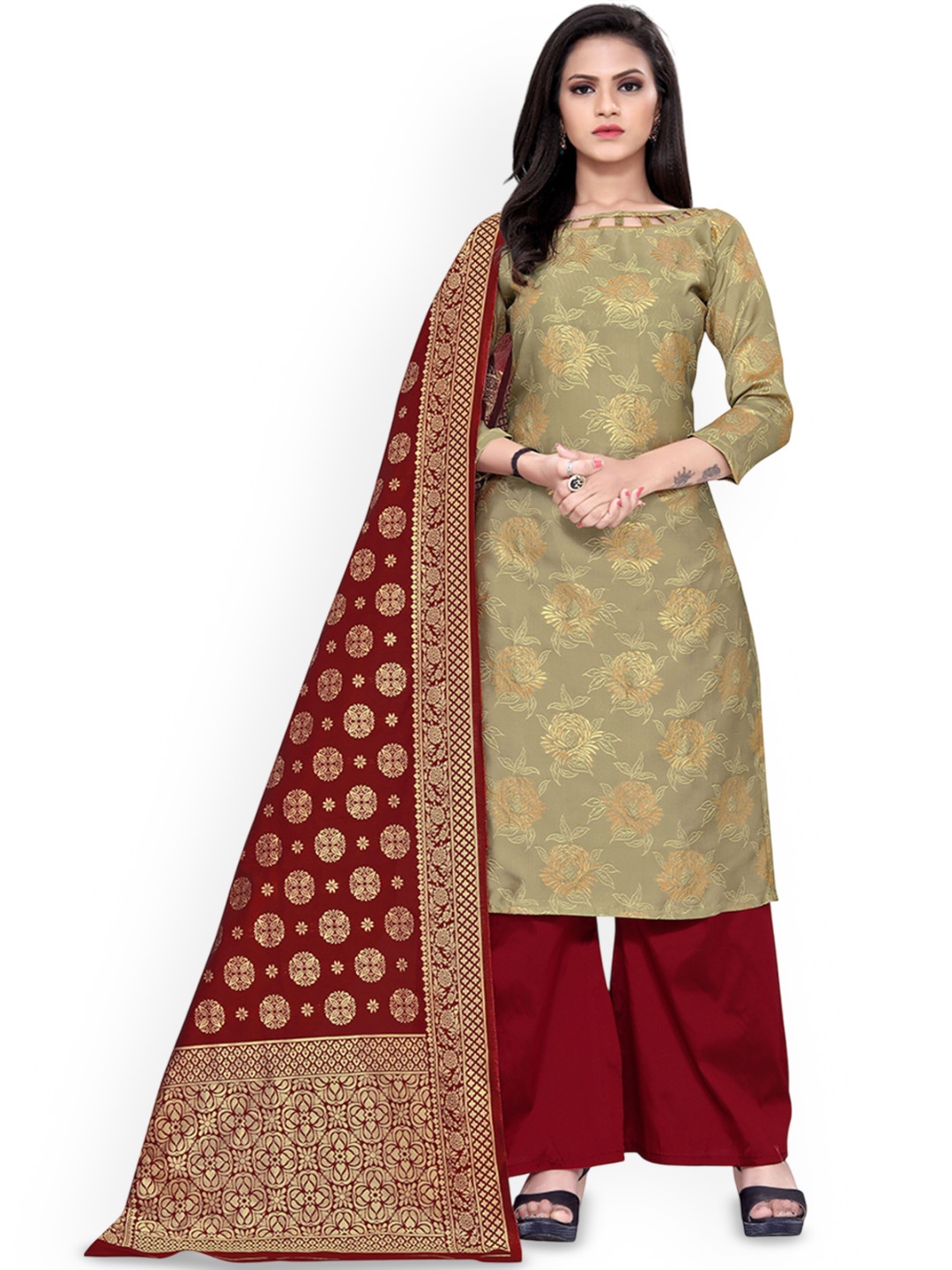 

Maroosh Floral Woven Design Unstitched Dress Material, Beige