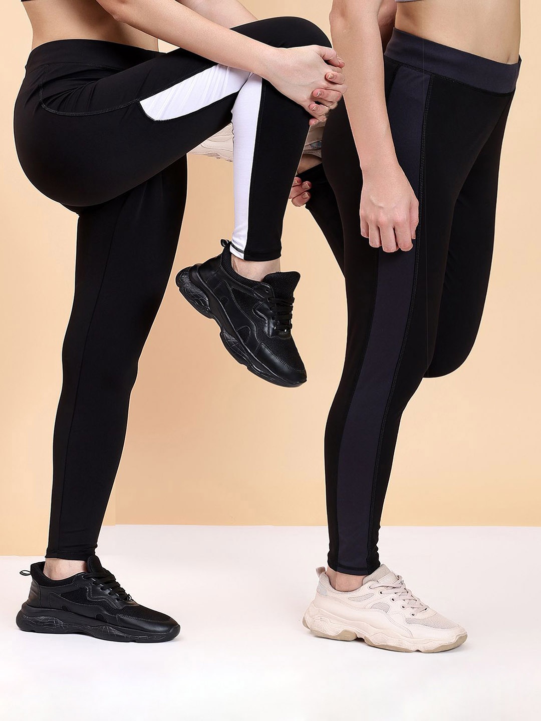 

KRONMENINEN Pack Of 2 Striped 4Way Stretchable Skinny Fit Rapid Dry Ankle Length Tights, Black