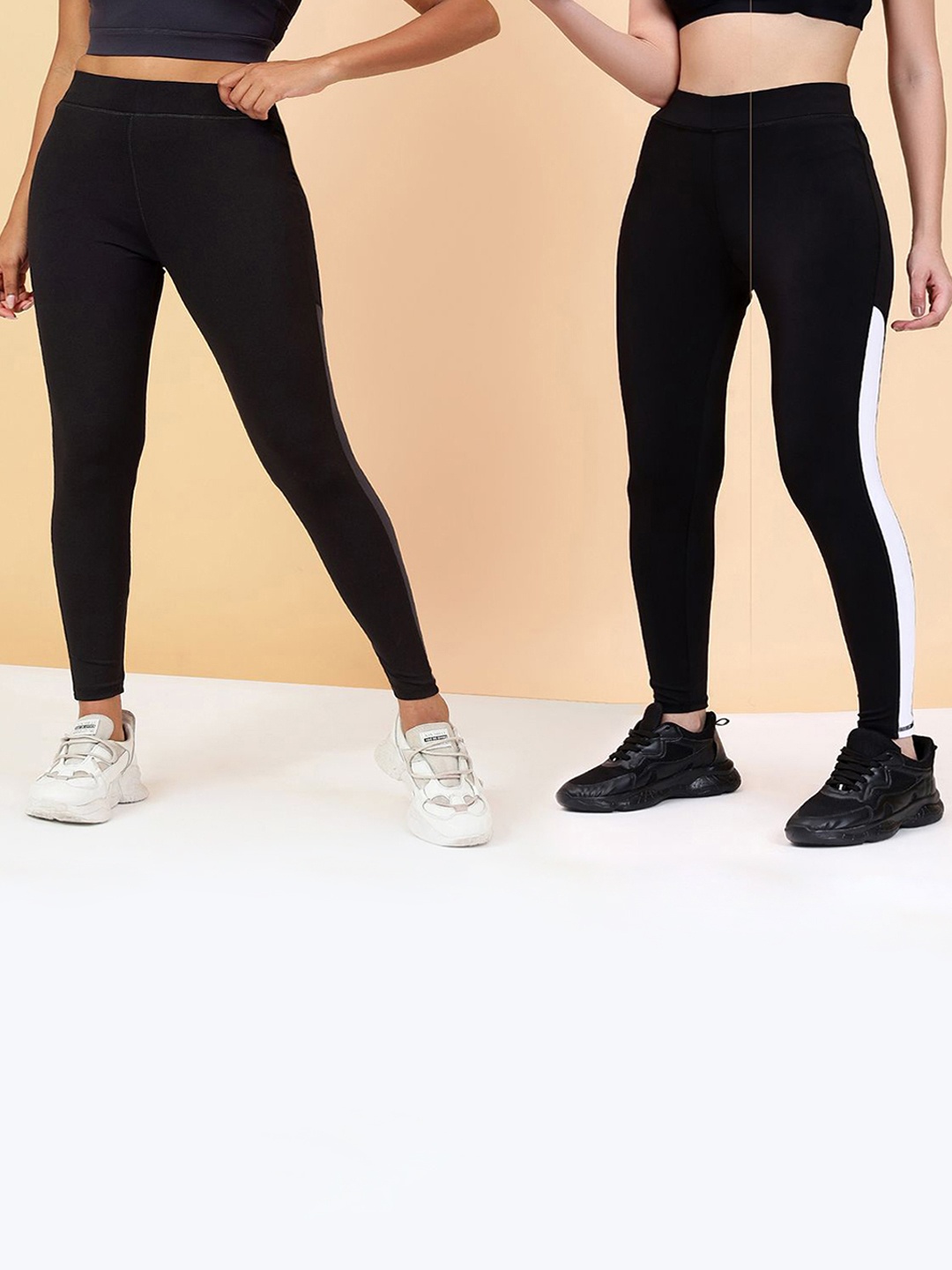 

KRONMENINEN Pack Of 2 Striped 4Way Stretchable Skinny Fit Rapid Dry Ankle Length Tights, Black