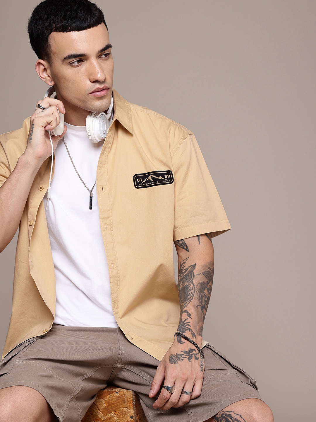 

The Roadster Life Co. Pure Cotton Relaxed Fit Applique Detailed Casual Shirt, Beige