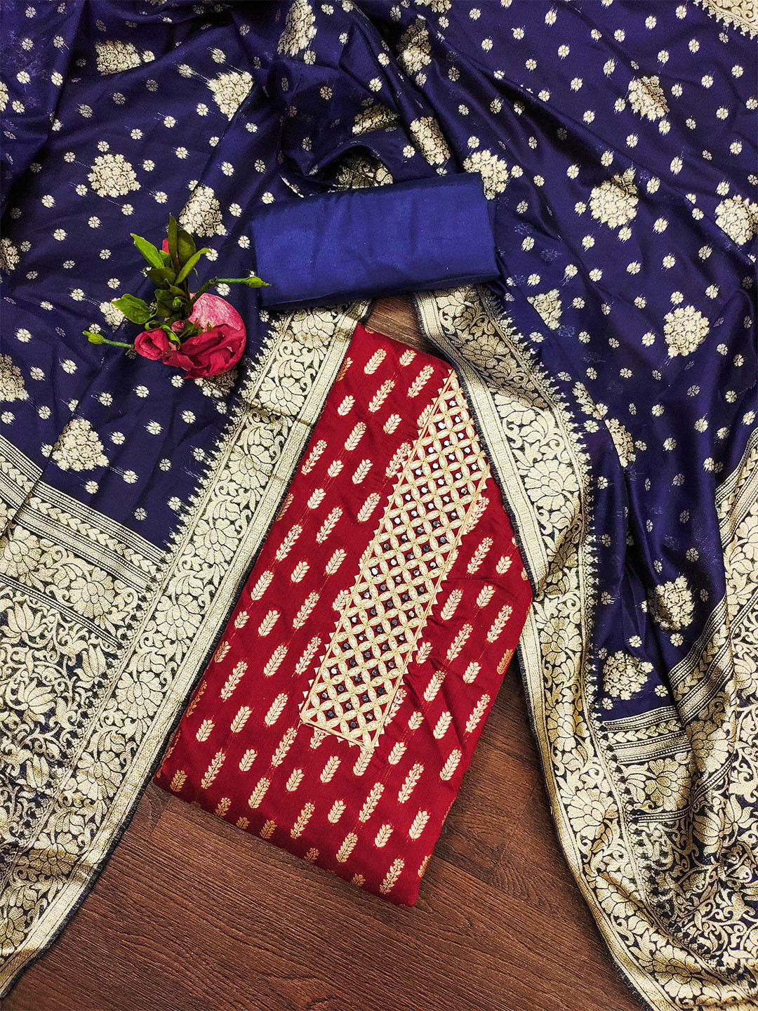 

Maroosh Floral Woven Design Embellished Banarasi Jacquard Unstitched Dress Material, Maroon