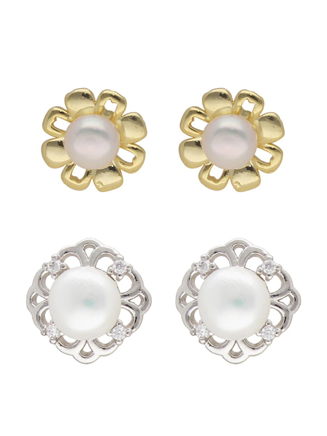 

Sri Jagdamba Pearls Dealer Set Of 2 Gold-Plated CZ Studded Studs Earrings