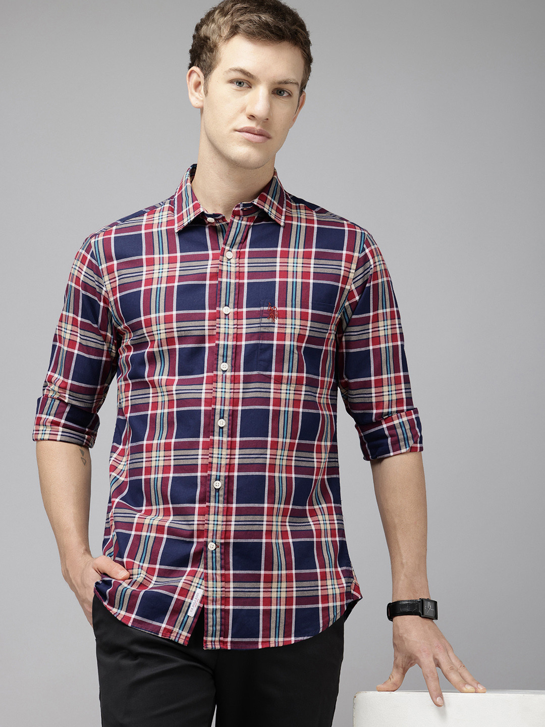 

U.S. Polo Assn. Tailored Fit Tartan Checked Pure Cotton Casual Shirt, Navy blue