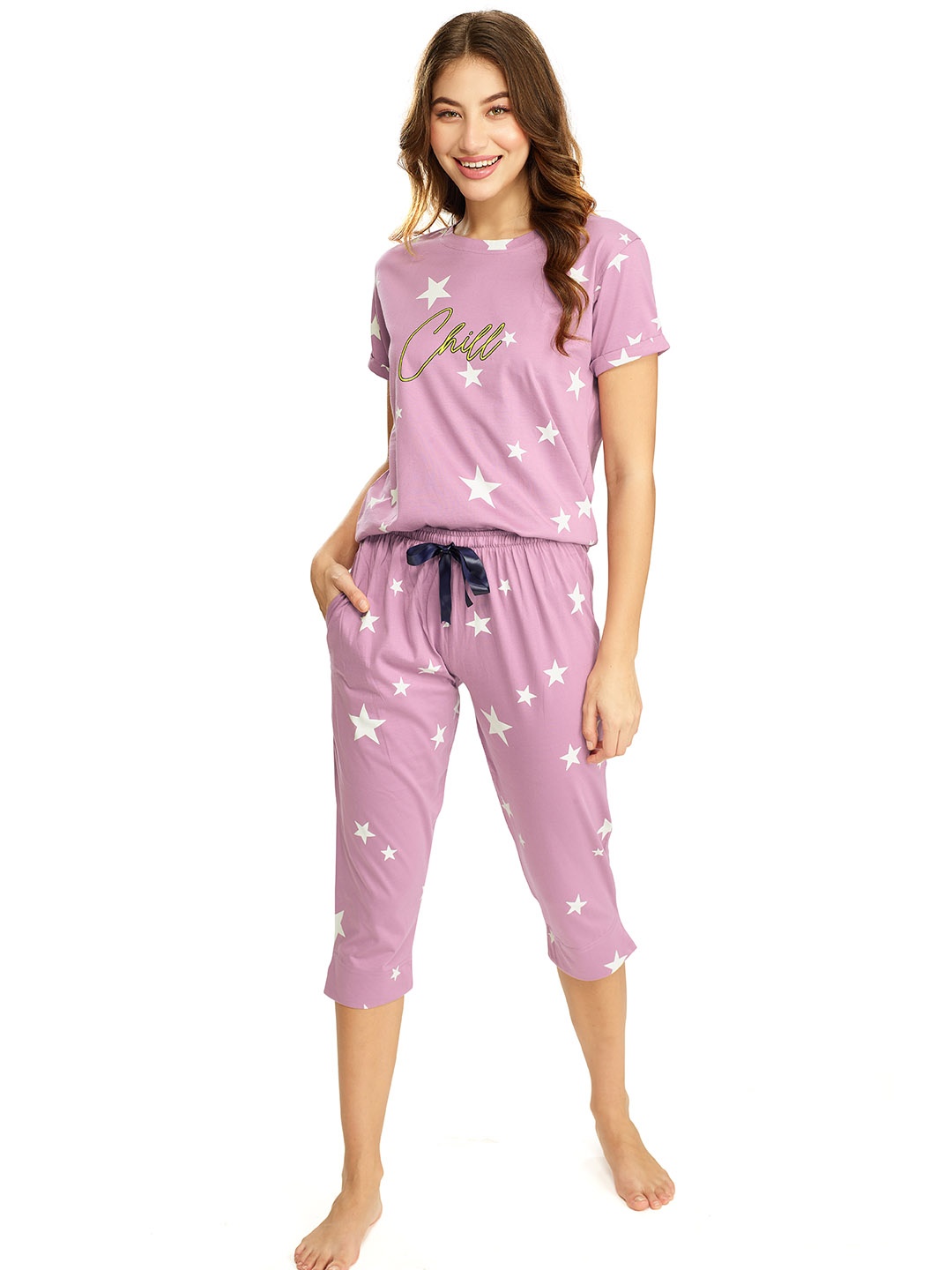 

Lotik Women Printed Round Neck Night suit, Pink