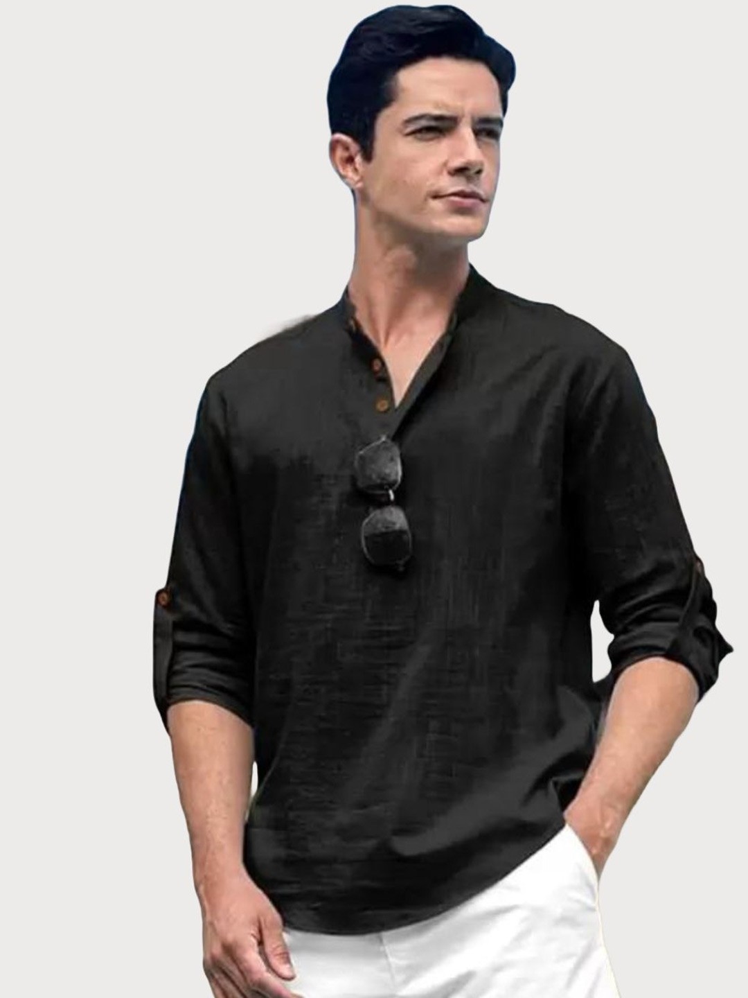 

LIFE ROADS Mandarin Collar Roll-Up Sleeves Cotton Straight Short Kurta, Black