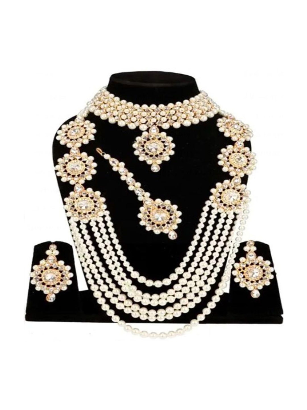 

JMBW INTERNATIONAL Stone Studded & Beaded Layered Jewellery Set, Gold