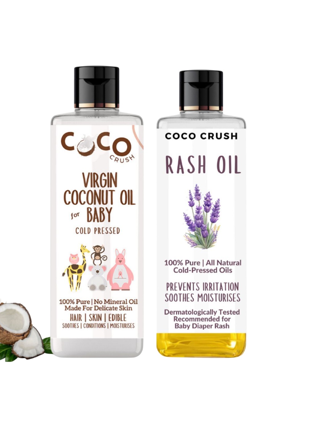 

Coco Crush Set Of 2 Natural & Virgin Coconut Oil -100 ml & Rash Oil For Babies- 100 ml, Transparent