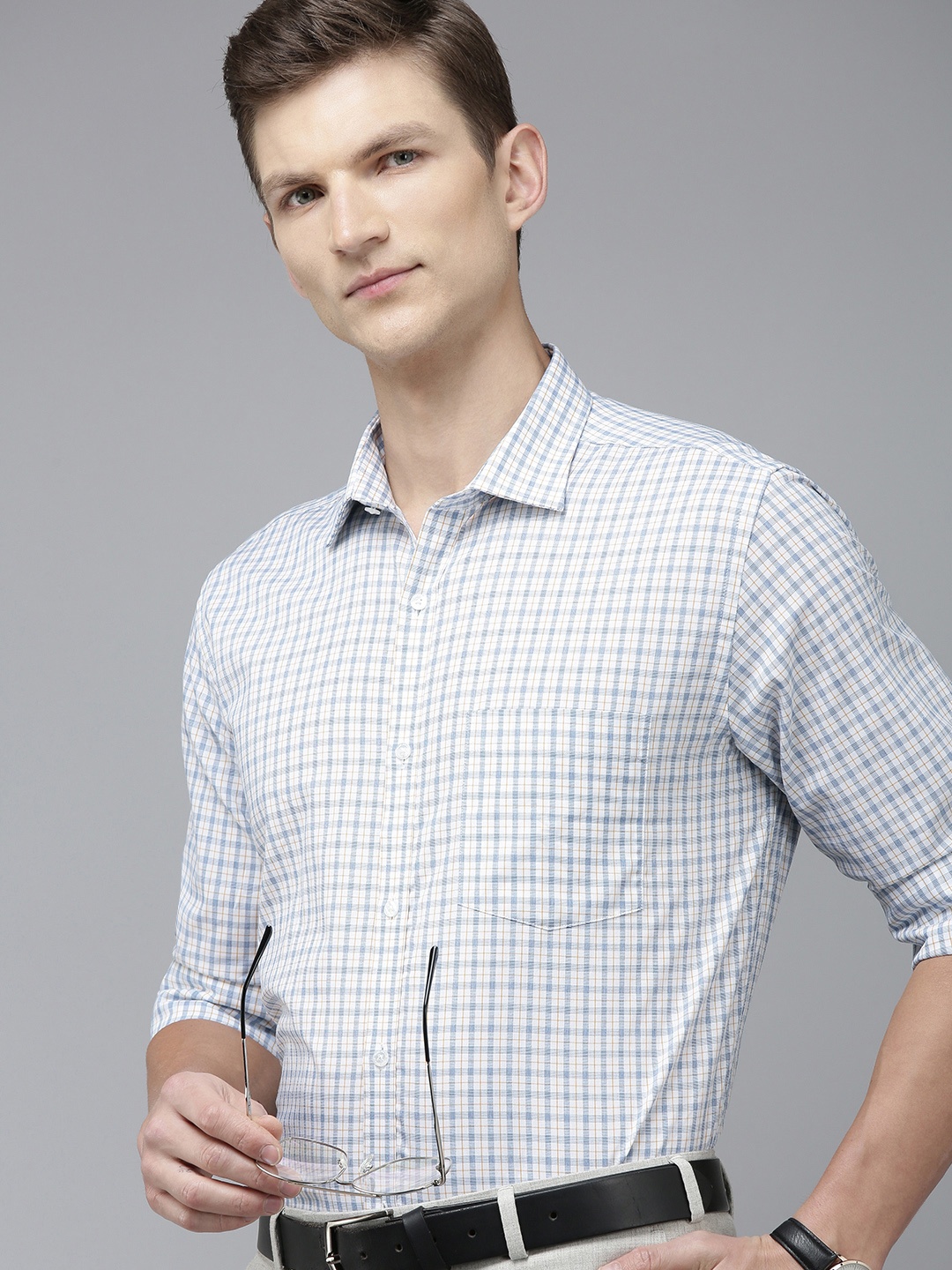 

Park Avenue Men Pure Cotton Slim Fit Checked Formal Shirt, Blue