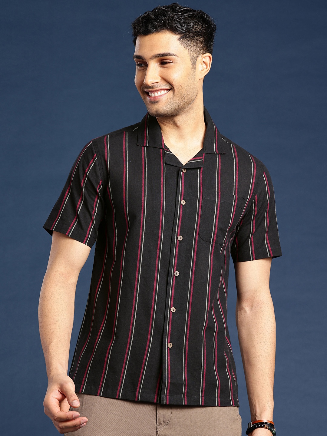 

Taavi Opaque Striped Pure Cotton Woven Legacy Casual Shirt, Black