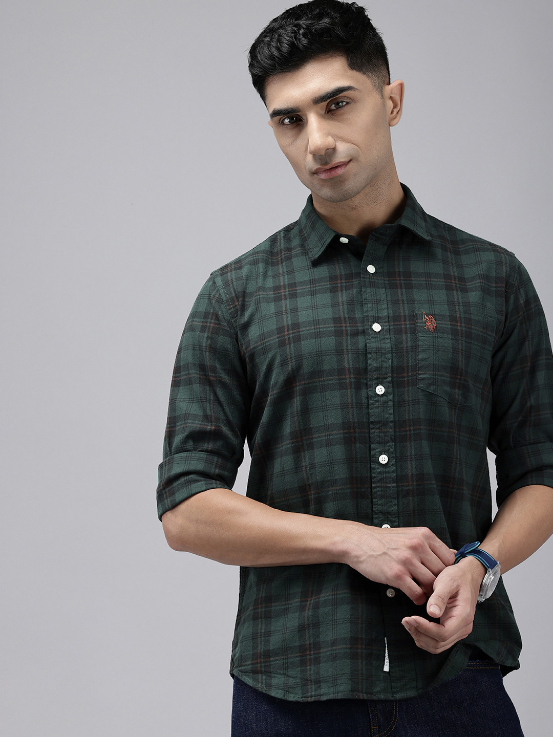 

U.S. Polo Assn. Pure Cotton Tailored Fit Checked Casual Shirt, Green