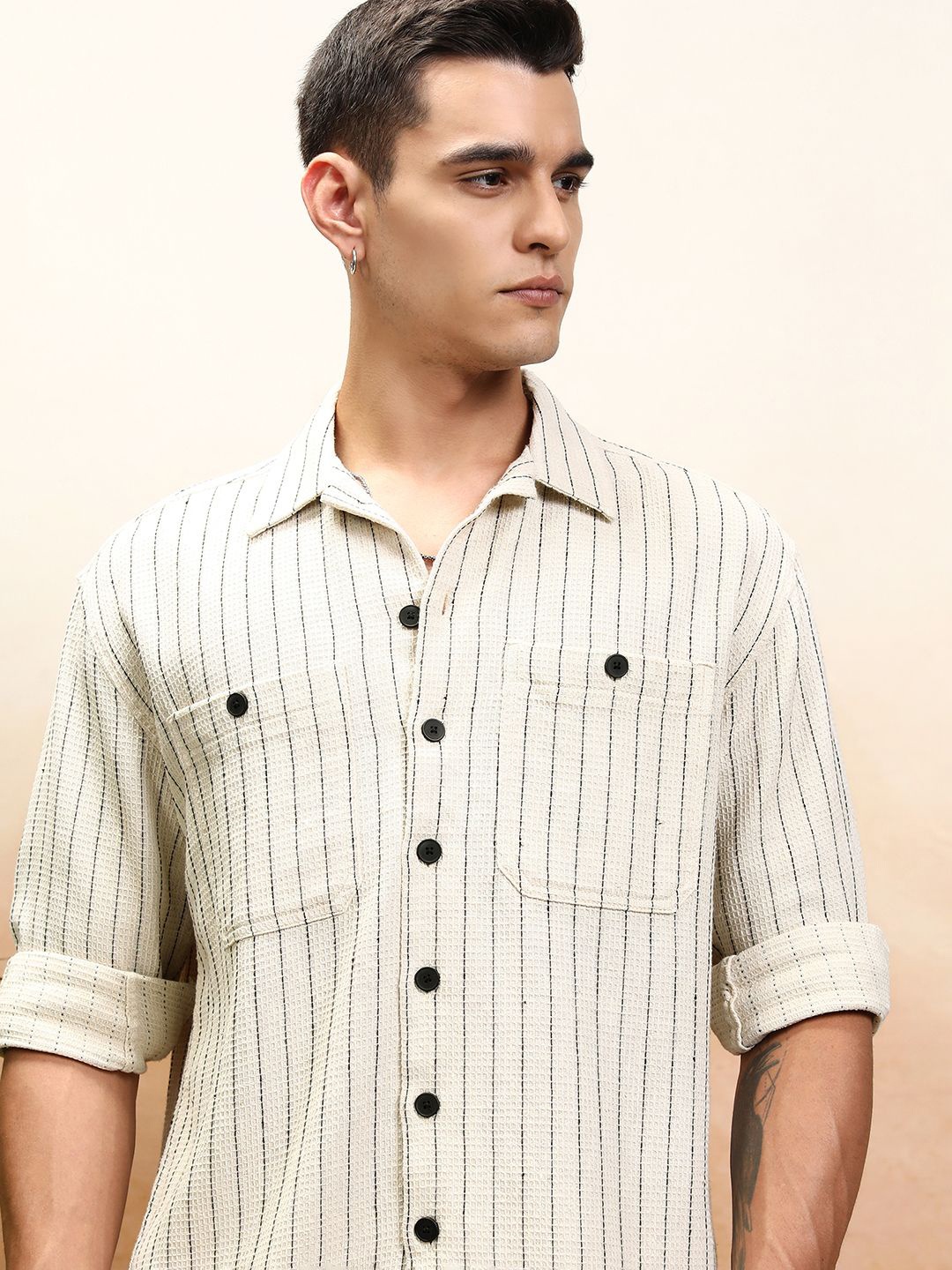 

Highlander Men Off Oversized Textured Dobby Striped Overshirt, Off white