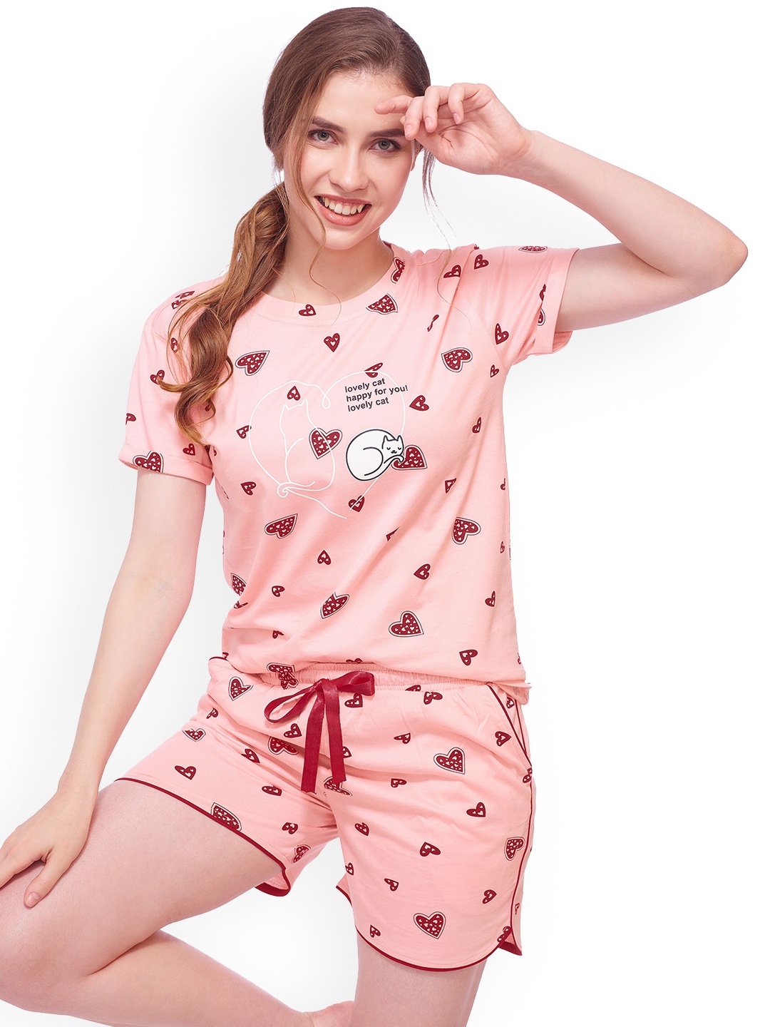 

Lotik Women Printed Round Neck Night Suit, Pink