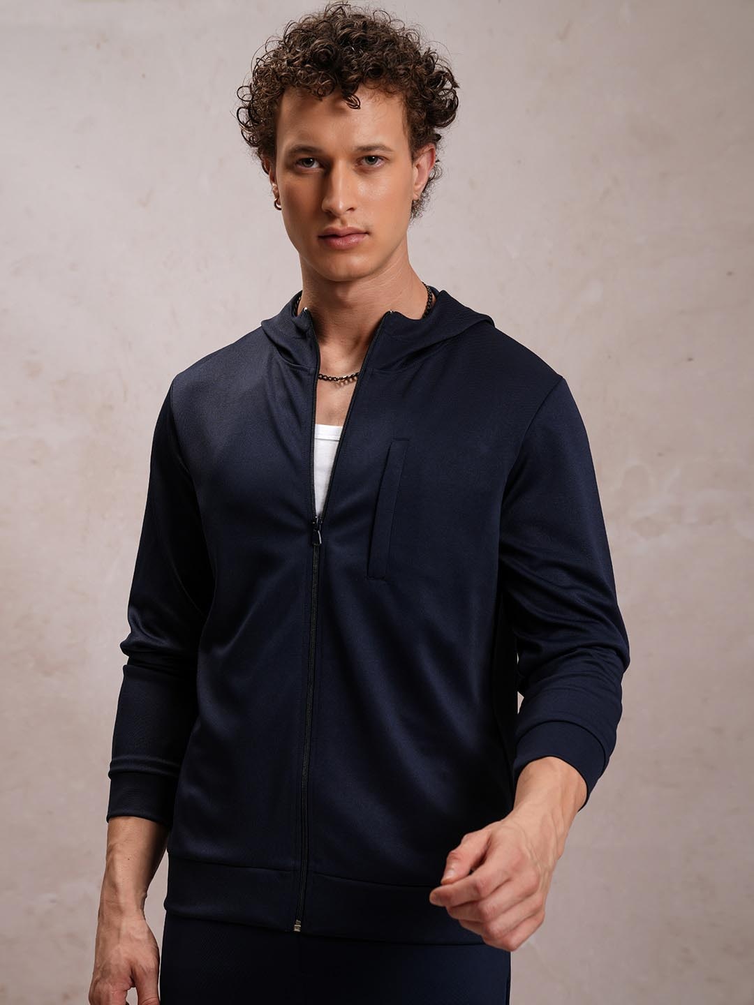 

HIGHLANDER Mock Collar Open Front Jacket, Navy blue