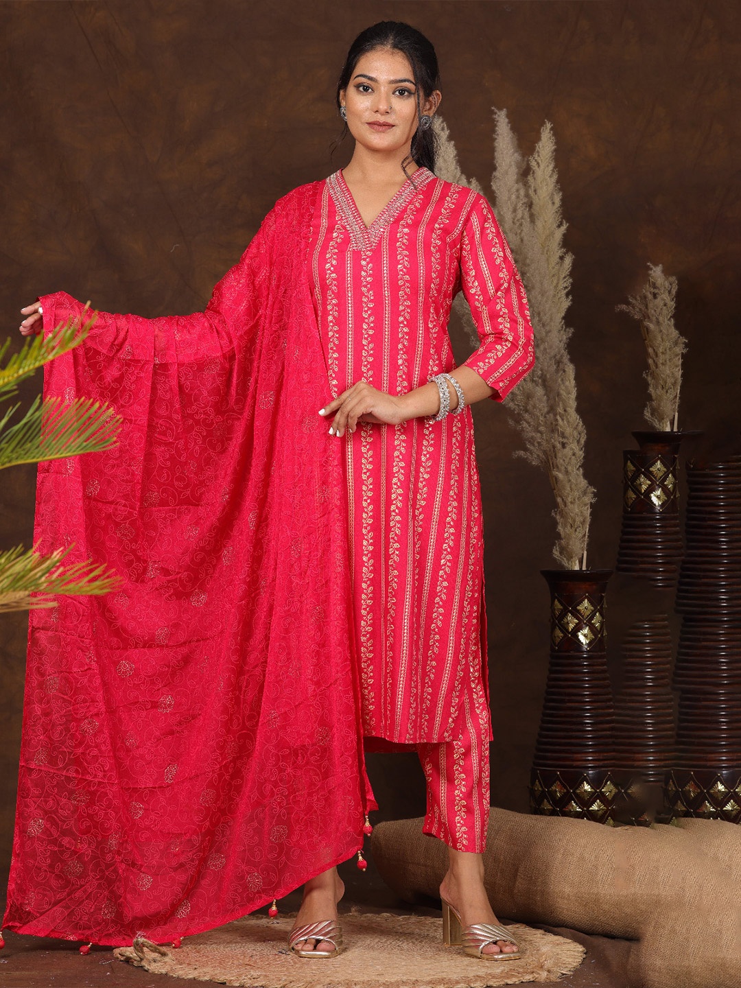 

KALINI Floral Printed V-Neck Straight Kurta With Trousers & Dupatta, Pink