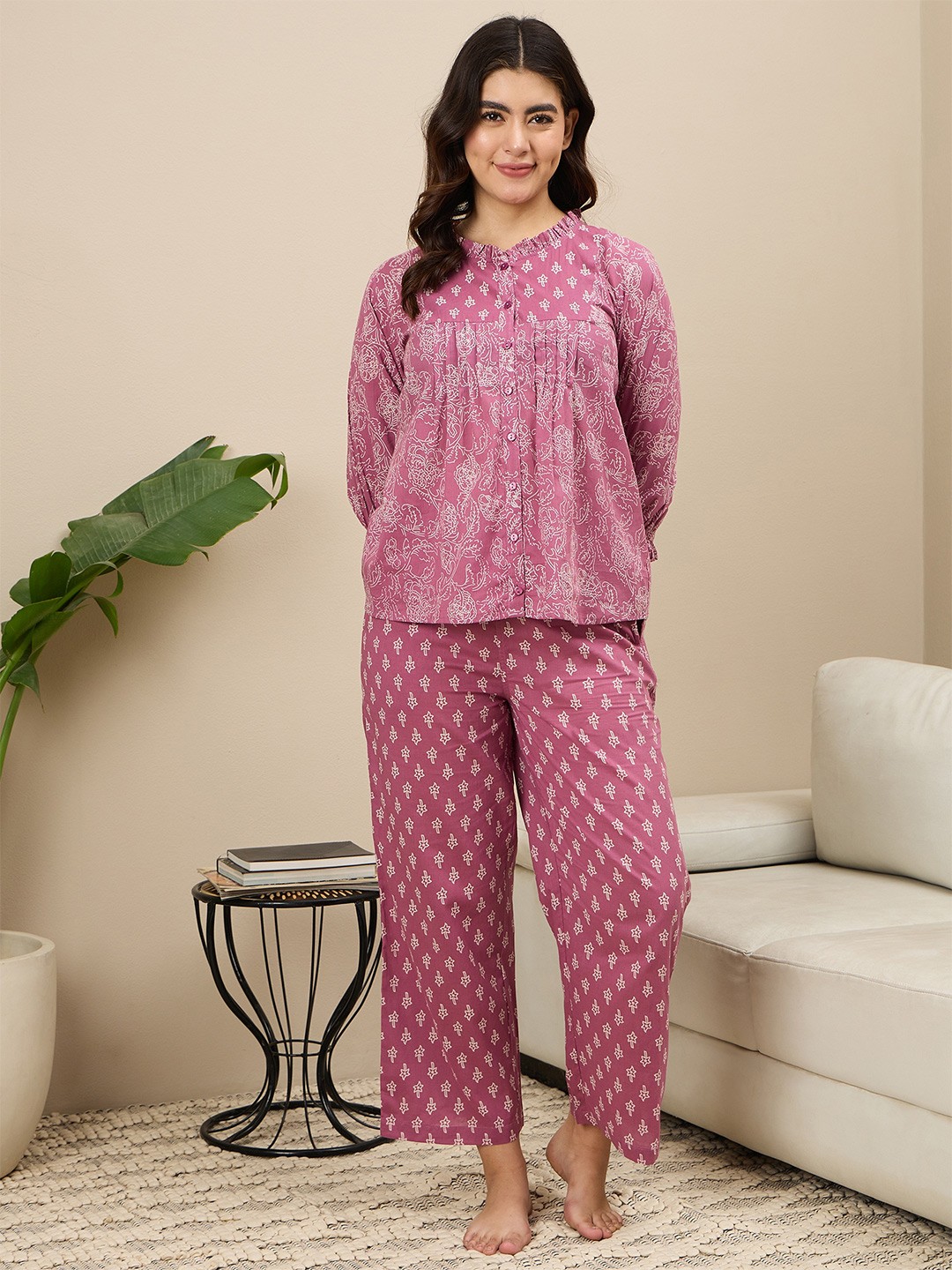 

July Women Printed Pure Cotton Night suit, Pink