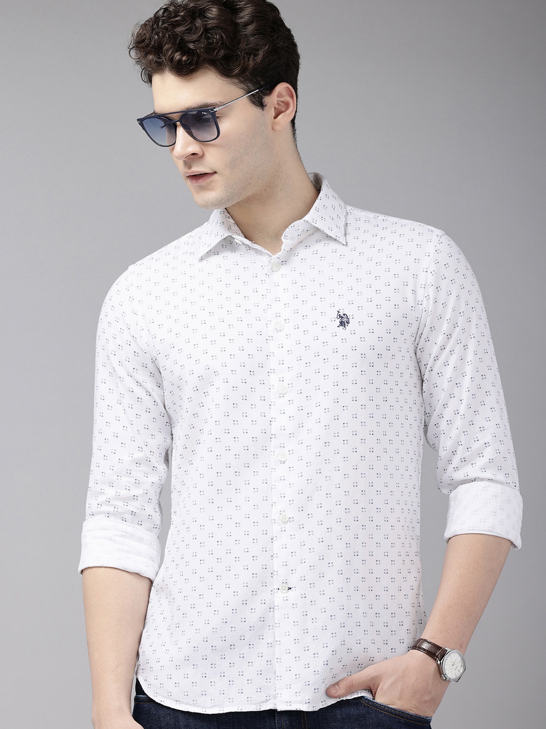

U.S. Polo Assn. Pure Cotton Tailored Fit Opaque Printed Casual Shirt, White