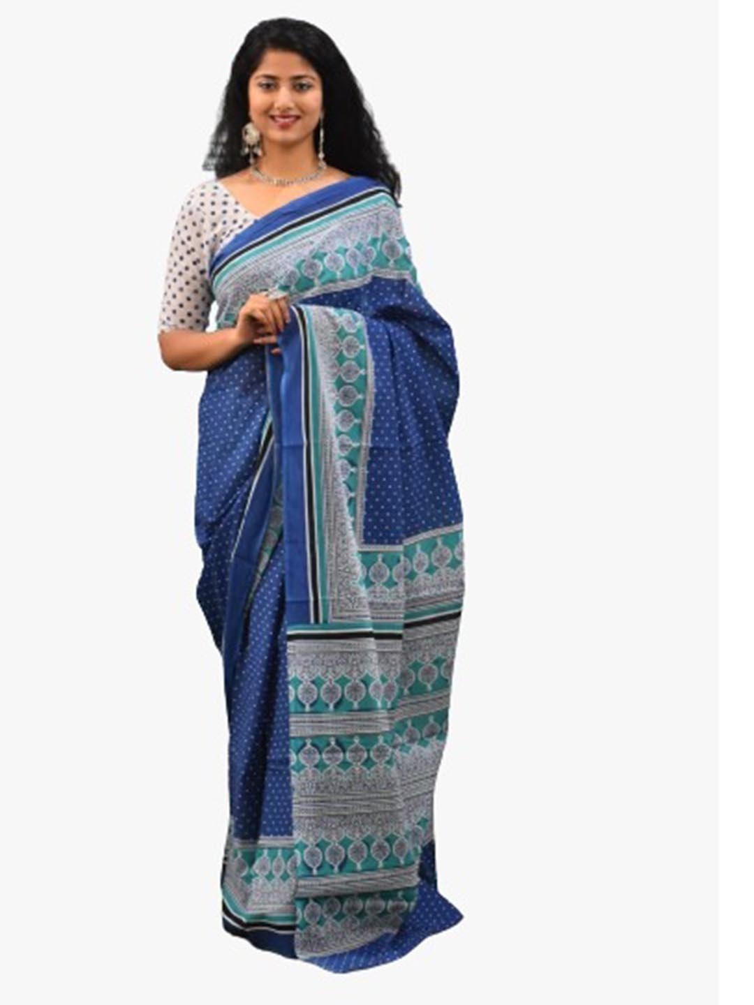 

TROPWEAR Ethnic Motifs Block Print Pure Cotton Saree, Blue