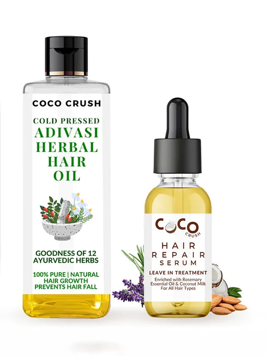 

Coco Crush Set Of 2 Cold Pressed Adivasi Herbal Hair Oil- 200 ml & Hair Repair Serum- 30ml, Transparent