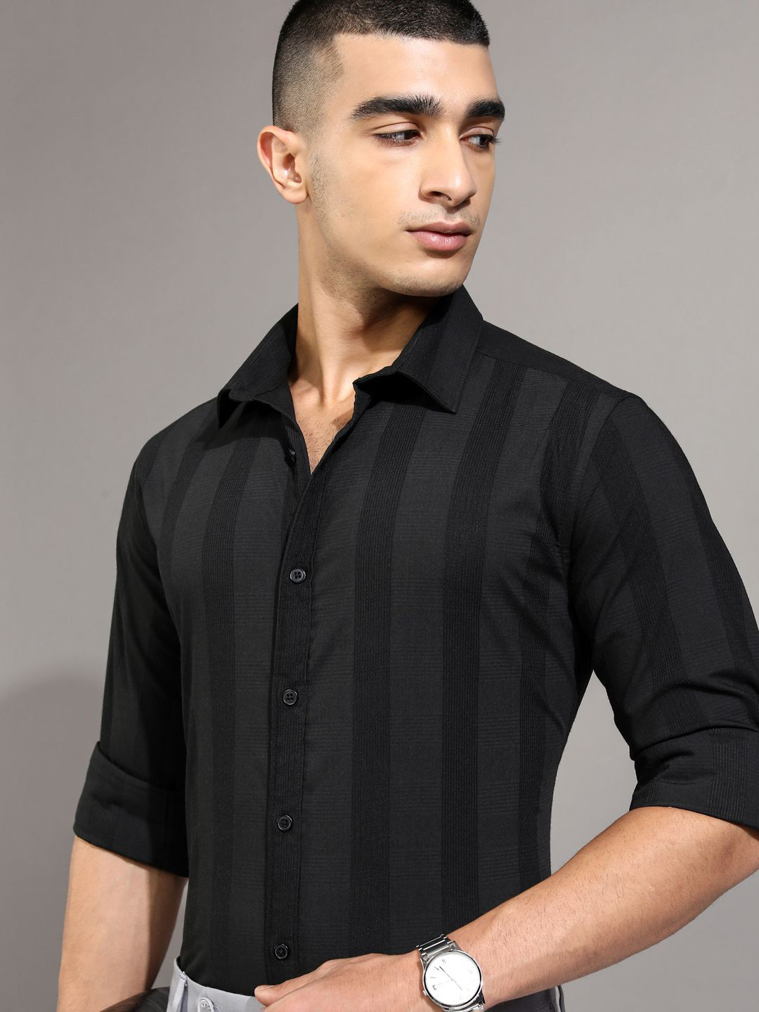 

Highlander Men Dobby Textured Striped Day Occasion Shirt, Black
