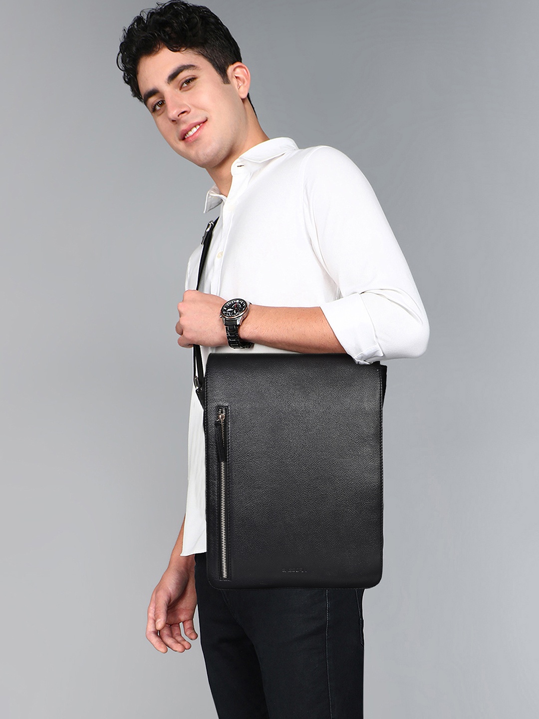 

Sassora Men Textured Structured Leather Sling Bag, Black