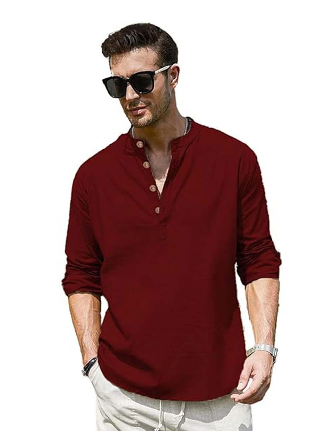

EdinWolf Band Collar Roll-Up Sleeves Cotton Curved Kurta, Maroon
