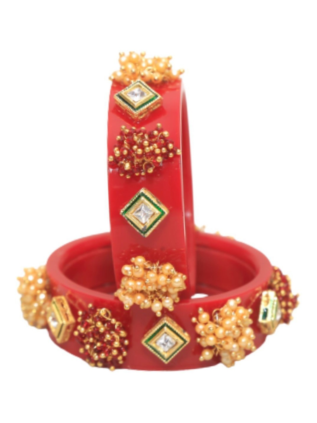 

Zindura Pack Of 2 Gold-Plated Pearl Beaded Bangles, Red