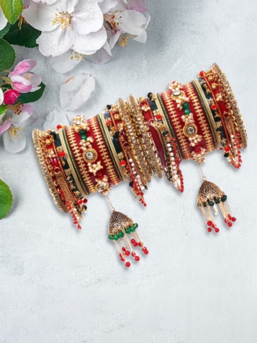 

Zindura Set Of 2 Gold-Plated Stone-Studded & Beaded Bangles