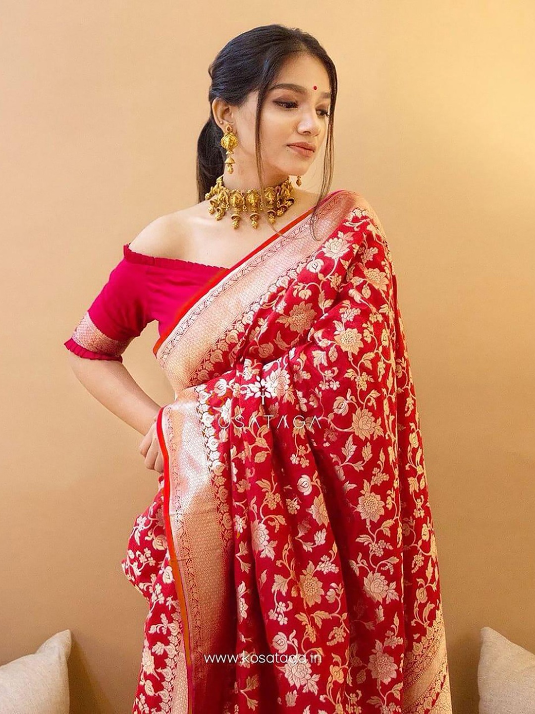 

Aldwych Red & Gold-Toned Woven Design Zari Banarasi Saree
