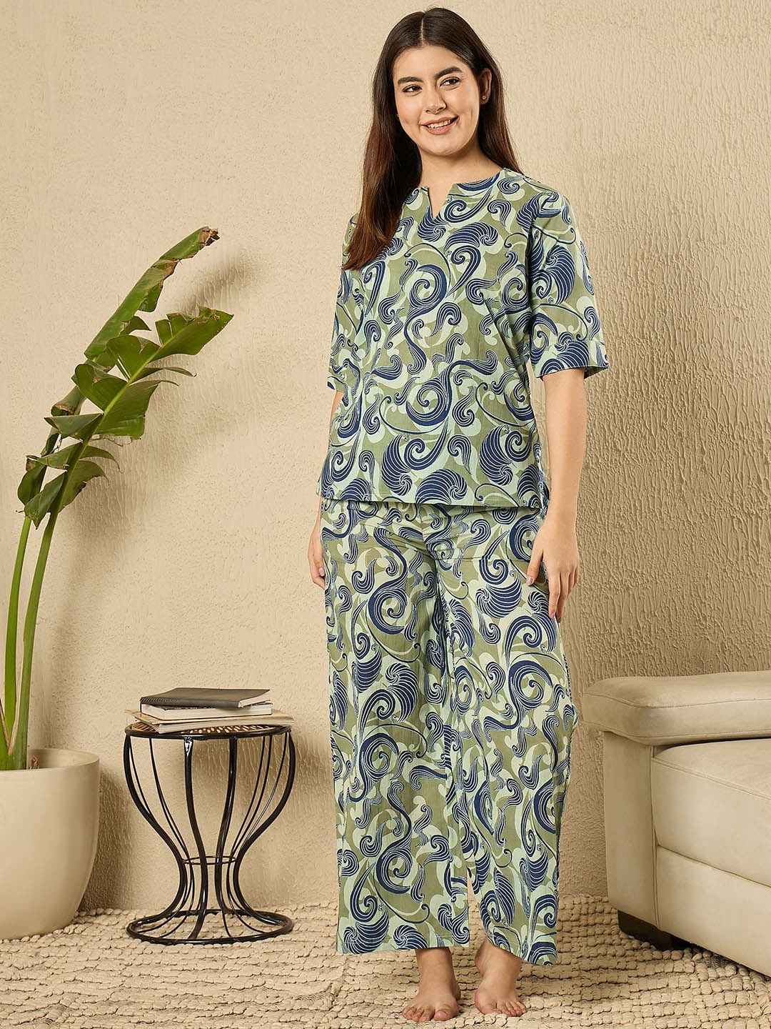 

July Women Printed Pure Cotton Night suit, Blue