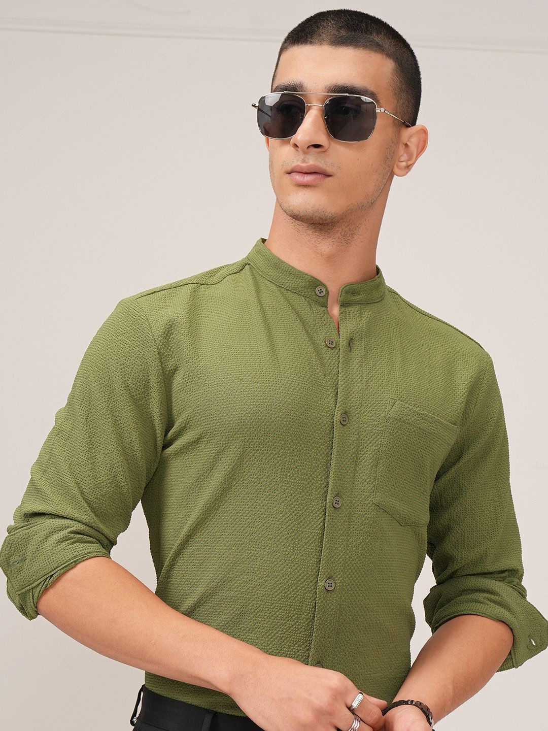 

KETCH Men Popcorn Textured Mandarin Collar Slim FIt Casual Shirt, Olive