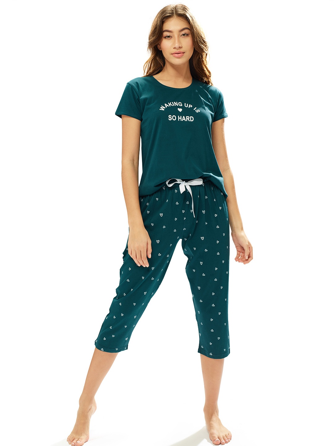 

Lotik Women Printed Round Neck Night suit, Teal