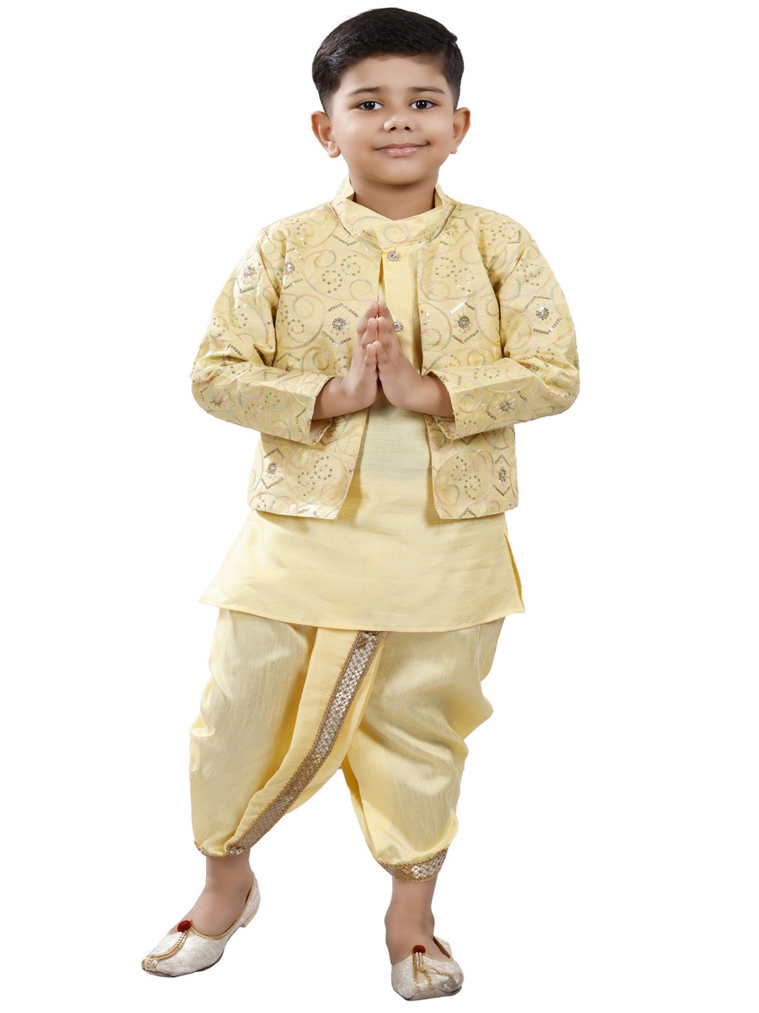 

BAESD Boys Mandarin Collar Sequinned Kurta with Dhoti Pants & Jacket, Yellow
