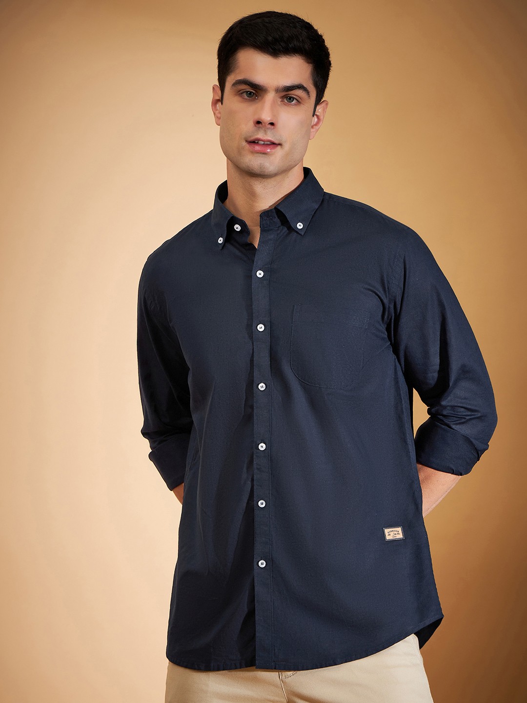 

DENNISON Men Navy Blue Twill Weave Smart Slim Fit Solid Cotton Linen Casual Shirt